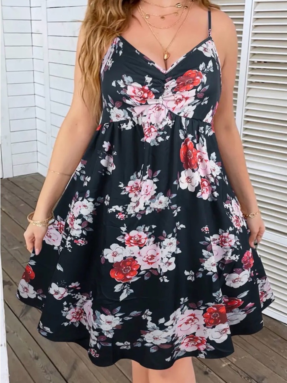 Floral Spaghetti Strap A-Line Dress in Black and Pink - Picture 1 of 10